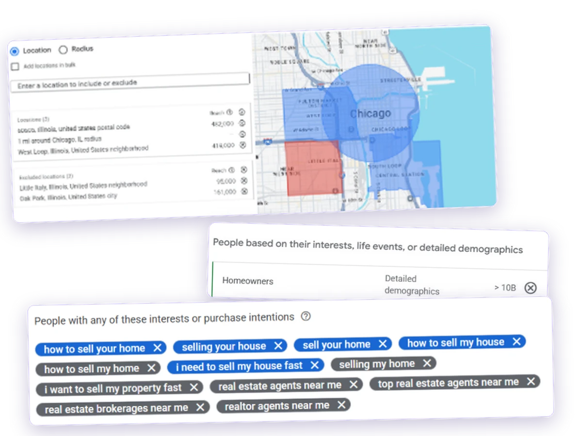 Google Ads targeting: Chicago neighbourhoods on a map, homeowners, and searches like how to sell my house