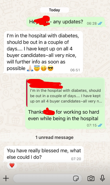 Messages from a real estate agent who kept working on four buyer candidates while in the hospital, and the reply thanking them