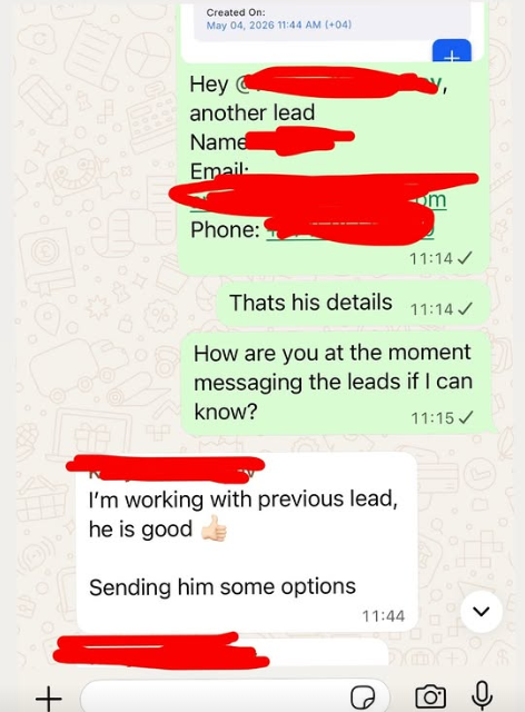 Messages between a lead-gen provider and a real estate agent: the agent says they are working with the previous lead, who is good, and sending him options