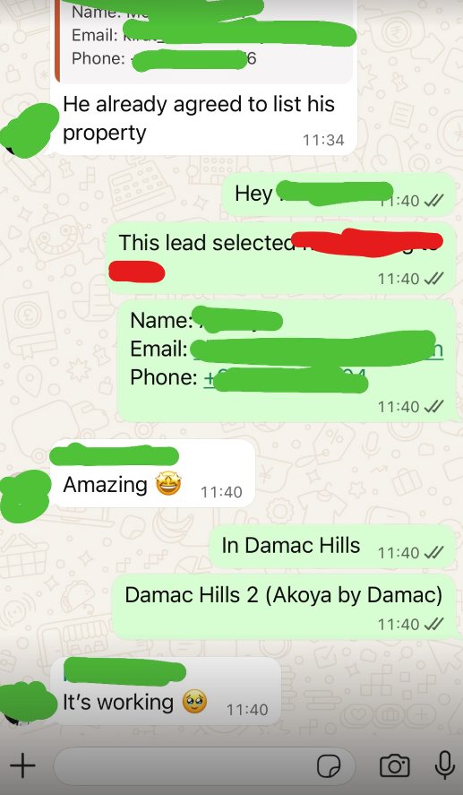 Messages between a lead-gen provider and a property agent: a lead who already agreed to list his property, then the agent replying Amazing and It's working