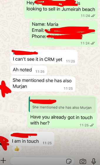 Messages between a lead-gen provider and a property agent: a seller lead in Jumeirah Beach, the agent saying they can't see it in the CRM yet, then confirming they are in touch with her