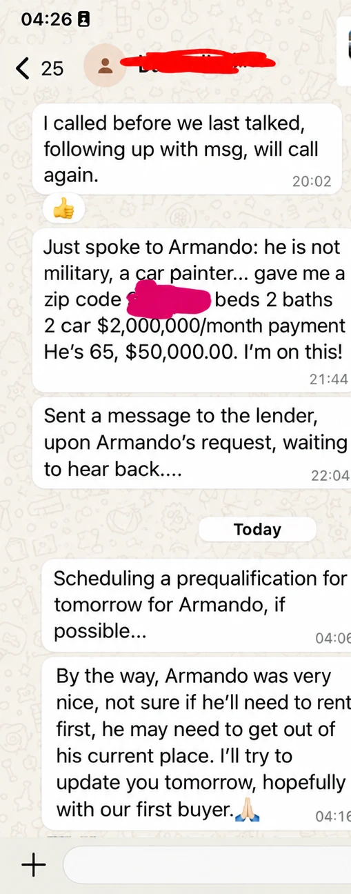 A real estate agent's messages about a buyer lead: a call-back, a prequalification scheduled for tomorrow, and a message sent to the lender